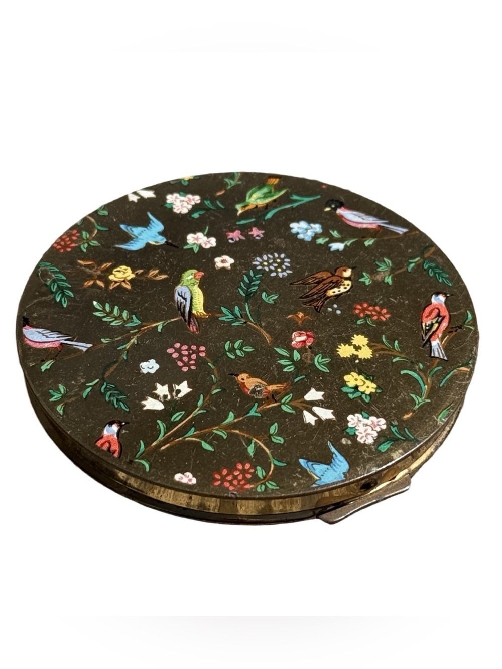 Vintage Mid Century Stratton Compact Round Gold Tone Bird and Florals